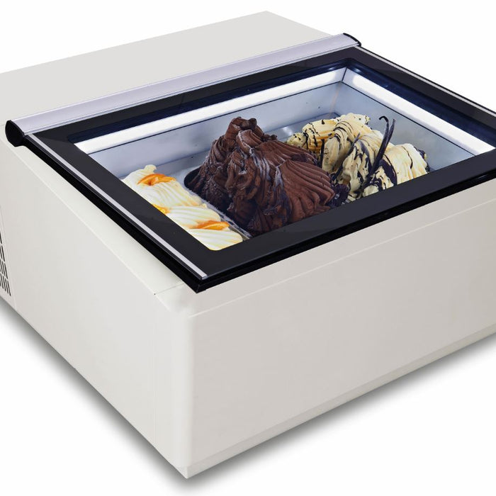 MODÈLE DE TABLE VITRINE À CREME GLACÉE BLANC  S'OUVRE DU CÔTÉ CLIENT