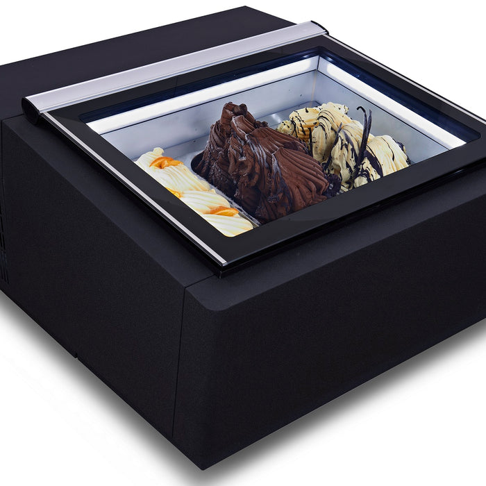MODÈLE DE TABLE VITRINE À CREME GLACÉE NOIR  S'OUVRE DU CÔTÉ CLIENT